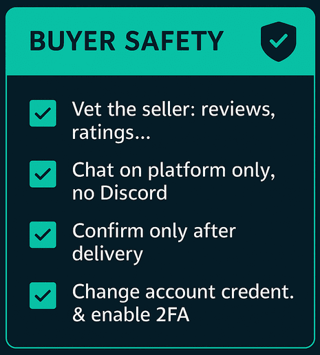 Buyer Safety checklist: vet the seller, chat on-platform only, confirm after delivery, change credentials and enable 2FA
