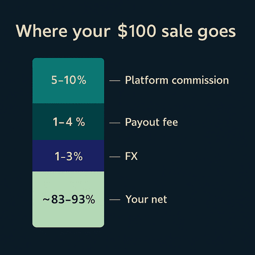 Fee waterfall for a $100 sale on G2G: 5–10% platform commission, 1–4% payout fee, 1–3% FX, leaving ~83–93% net