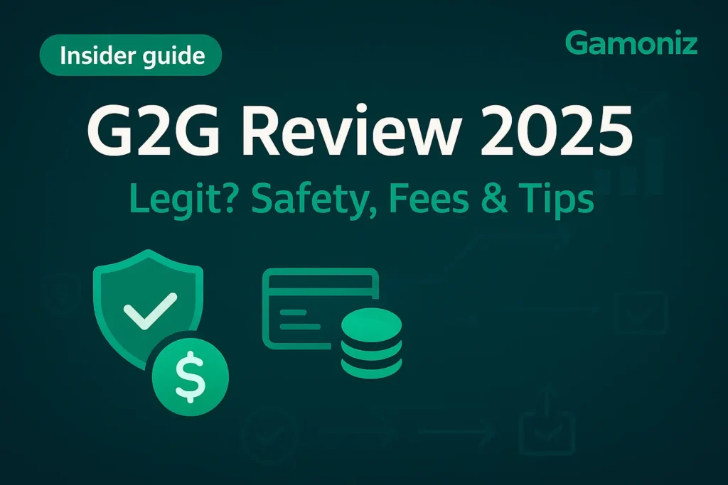 Featured image with text “G2G Review 2025 – Legit? Safety, Fees & Tips” and icons of a shield check, dollar sign, card and coins on a dark teal background