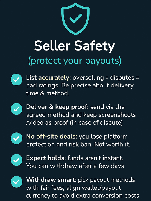 Seller Safety checklist: list accurately, keep proof of delivery, avoid off-site deals, expect holds, withdraw smart